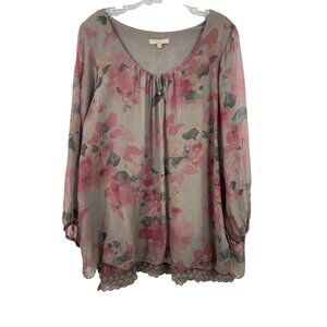 Prontomoda Giusy Floral Tunic Top With Lace Hemline Gray & Pink 1X
